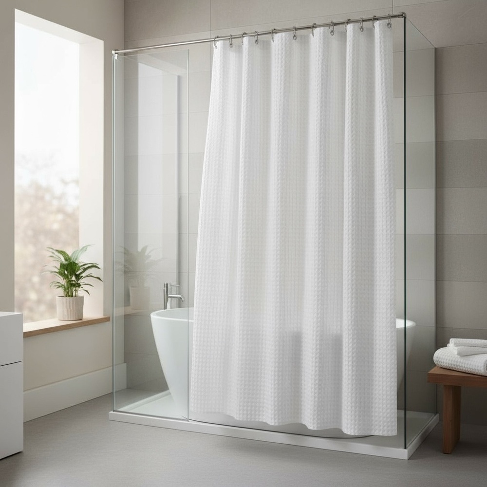 Waffle Weave Elegant White Shower Curtain